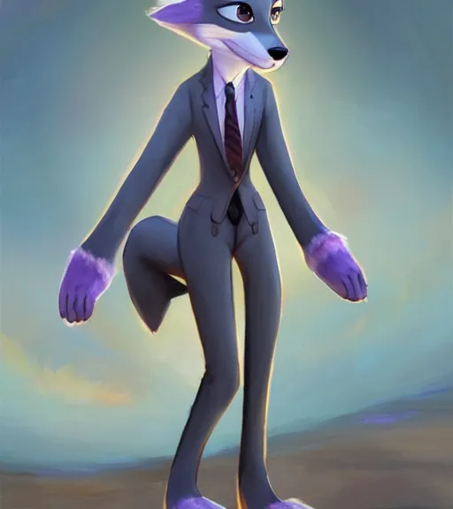 Image similar to oil painting of full body of anthromorphic female wolf, in style of zootopia, zootopia, zootopia, fursona, furry, furaffinity, 4 k, deviantart, furry art, fursona art, wearing black business suit, business suit, in style of zootopia, wolf fursona, cyberpunk, female, expressive detailed feminine face,
