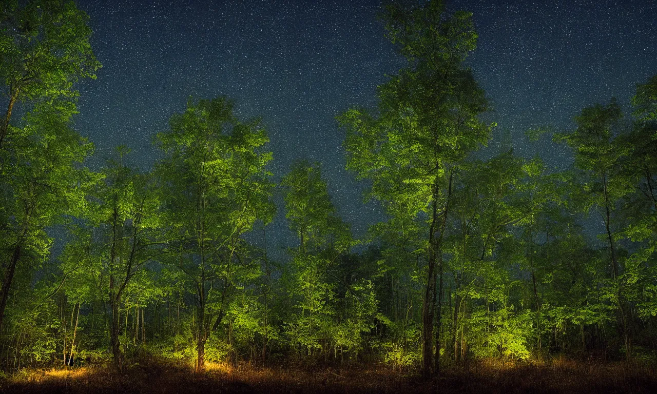 Prompt: a professional photograph of a beautiful forest at night, there is fireflies. it is really quiet and serene. Ultra HD wallpaper.