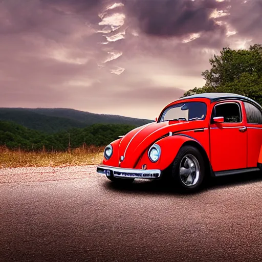 Image similar to promotional scifi - blockbuster movie scene of a ladybug merged with a'glossy volkswagen beetle '. it has wings and is flying down a dusty backroad along a gentle creek in smokey mountains tennessee. cinematic, muted dramtic color, 4 k, imax, 7 0 mm, hdr