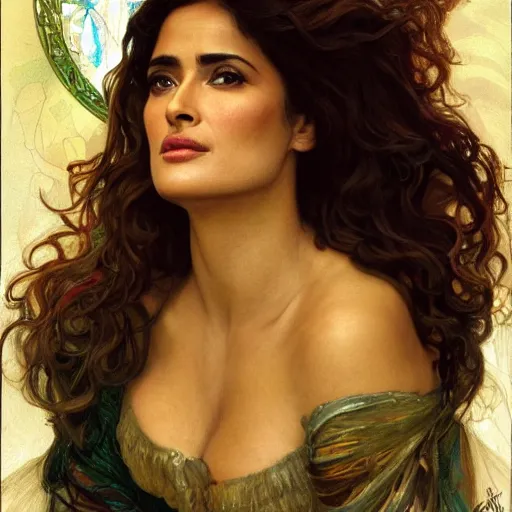 Image similar to salma hayek head and shoulders portrait by alfons mucha, playful, fantasy, medieval, beautiful face, perfect detailed eyes, vivid colrs, elegant, concept art, sharp focus, digital art, hyper - realistic, 4 k, unreal engine, highly detailed, hd, dramatic lighting by brom, trending on artstation