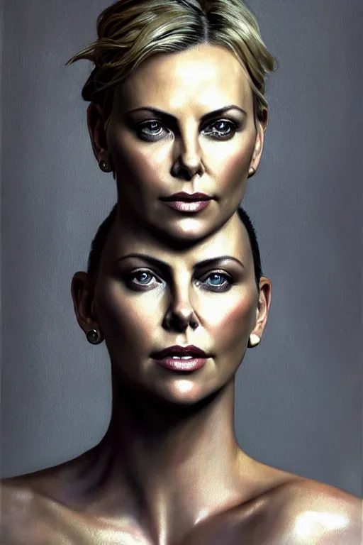 Prompt: a photorealistic painting of Charlize Theron, partially clothed in metal-plated battle armor, olive skin, long dark hair, beautiful bone structure, symmetrical face, perfect eyes, intricate, elegant, digital painting, concept art, illustration, sharp focus, minimal artifacts, from Metal Gear, in the style of Ruan Jia and Mandy Jurgens and Greg Rutkowski, trending on Artstation, award winning