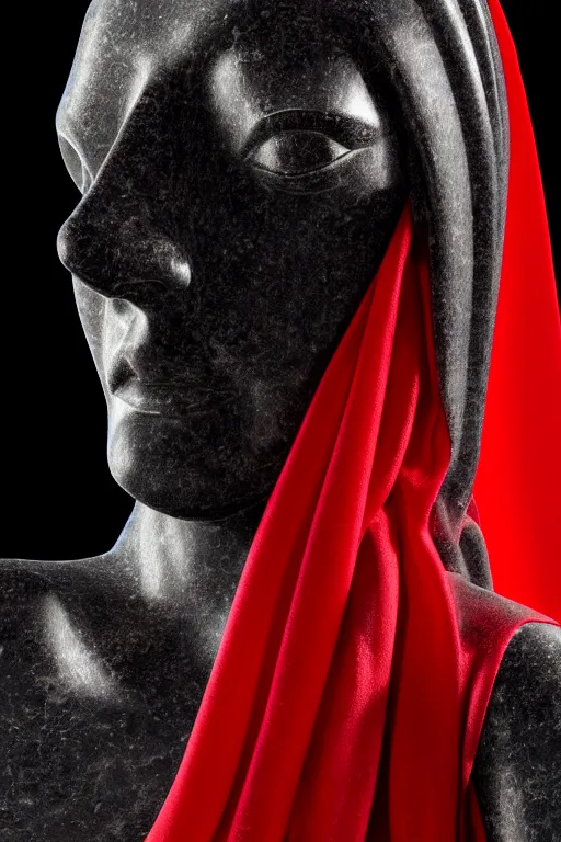Image similar to polished black marble athena statue hiding his face under a red silkveil, sculpted by hedi xandt and bernini, epic and cinematic view, volummetric light, texturized, detailed, 8 k
