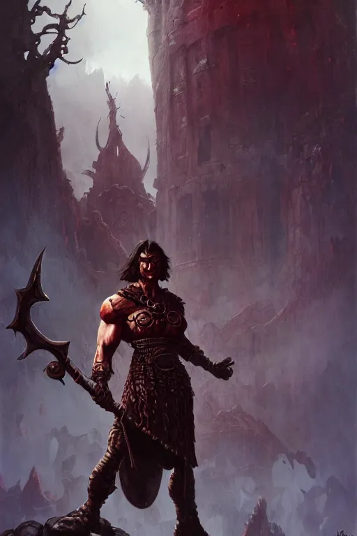 Image similar to conan the eliminator in the style of peter andrew jones and tom bagshaw, fantasy warrior, standing before ancient ruins