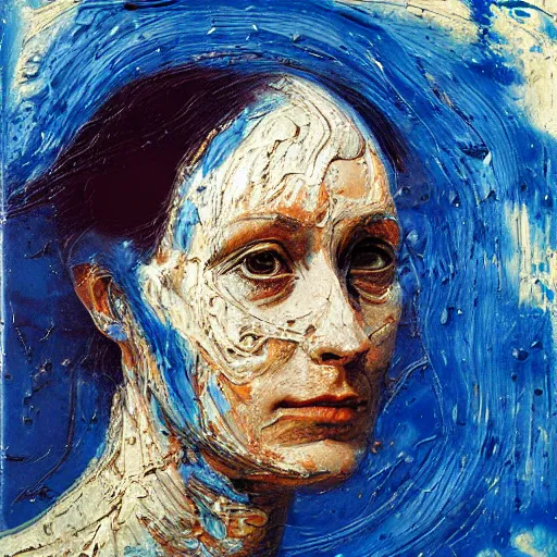 Prompt: oil paint impasto relief, portrait of woman's face, deep under water, lots blue colours, looking up, air bubbles, multi layered thick brush marks, some splattered paint, in the style frank auerbach and leonardo da vinci