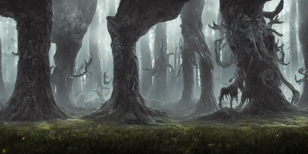 Prompt: forest biome filled with giants, fantasy apocalypse, digital art, 4 k,