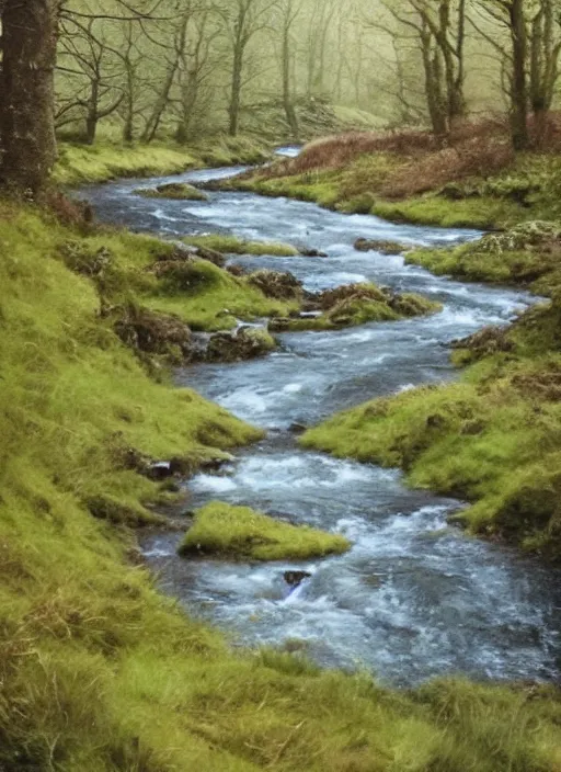 Image similar to there is a place in wales, tucked out of view magic happens, only seen by a few. for just one day, for only just one hour. the last summer's day break at gelli aur. there you must follow a winding trout stream. search all the oaks with a tiny light beam, inspired by greg rutkowski and charlie bowater