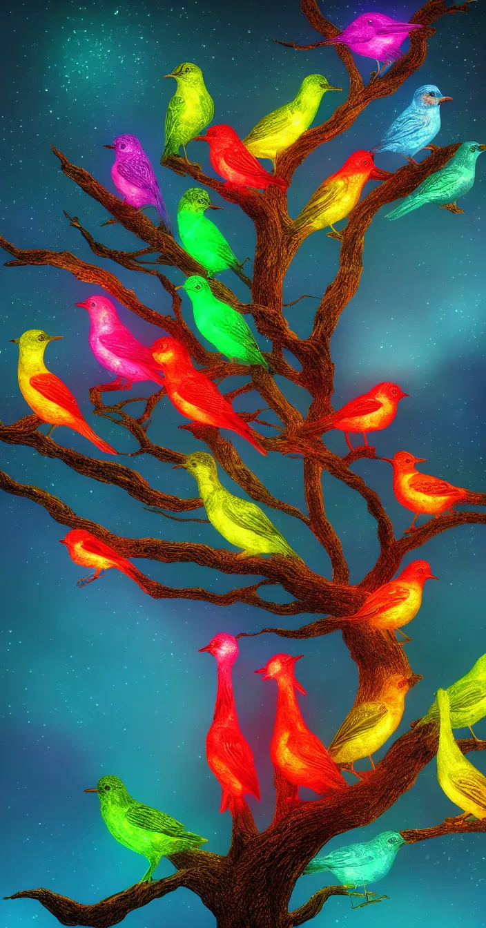 Prompt: highly detailed realistic colorful glowing birds sitting on tree at dark black night, vibrant colors, award winning masterpiece photography, hyper realistic, concept art, 8 k detail post - processing