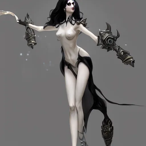 Image similar to tall woman with black hair and pale skin, from league of legends, as human, au naturel, hyper detailed, digital art, trending in artstation, cinematic lighting, studio quality, smooth render, unreal engine 5 rendered, octane rendered, art style by klimt and nixeu and ian sprigger and wlop and krenz cushart!