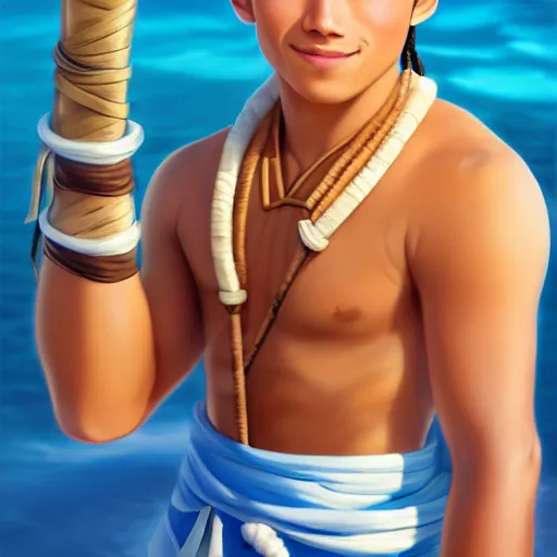 Image similar to beautiful serene intricate portrait of sokka from the water tribe as a young inuit man with light blue eyes, smiling softly, relaxing on the beach, golden hour, soft focus, 8 k, art by irakli nadar, hyperrealism, hyperdetailed, ultra realistic