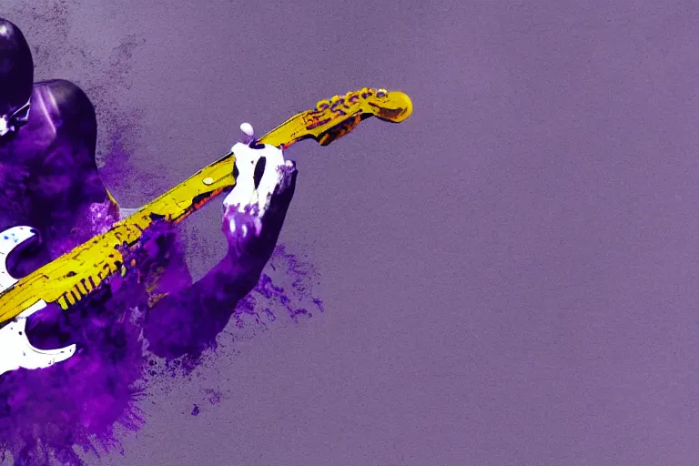 Image similar to dripping purple faded paint across the shape of a male human playing guitar, realistic, high detail, on a white damage background