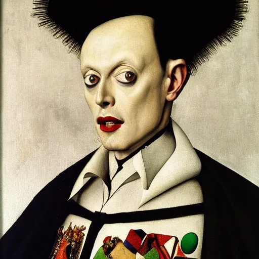 Prompt: portrait of klaus nomi, oil painting by jan van eyck, northern renaissance art, oil on canvas, wet - on - wet technique, realistic, expressive emotions, intricate textures, illusionistic detail