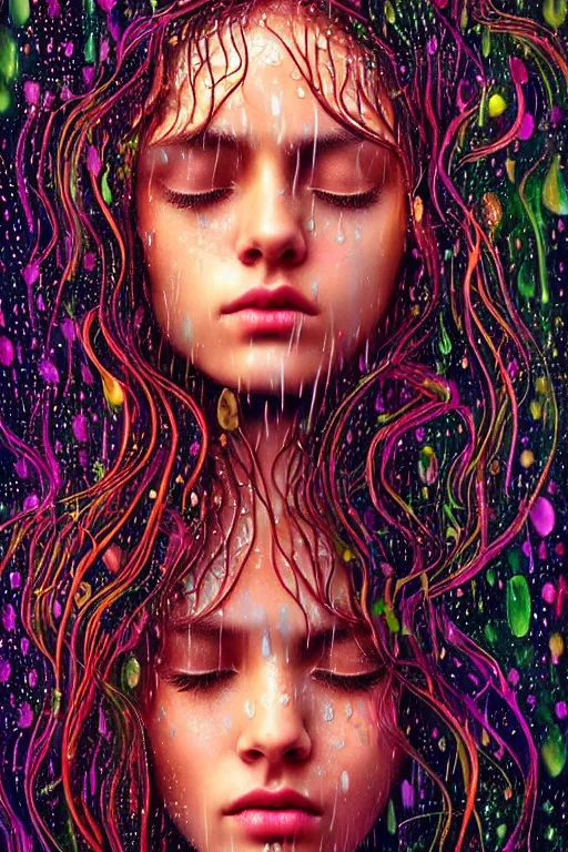 Image similar to portrait of a girl in psychedelic LSD rain with wet hair and face, fantasy, intricate, elegant, dramatic lighting, emotionally evoking symbolic metaphor, highly detailed, lifelike, photorealistic, digital painting, artstation, concept art, smooth, sharp focus, illustration, art by John Collier and Albert Aublet and Krenz Cushart and Artem Demura and Alphonse Mucha