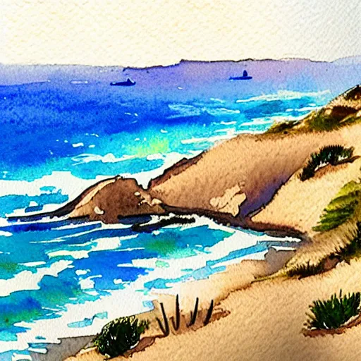 Image similar to a beautiful watercolor and pen painting of the california coastline