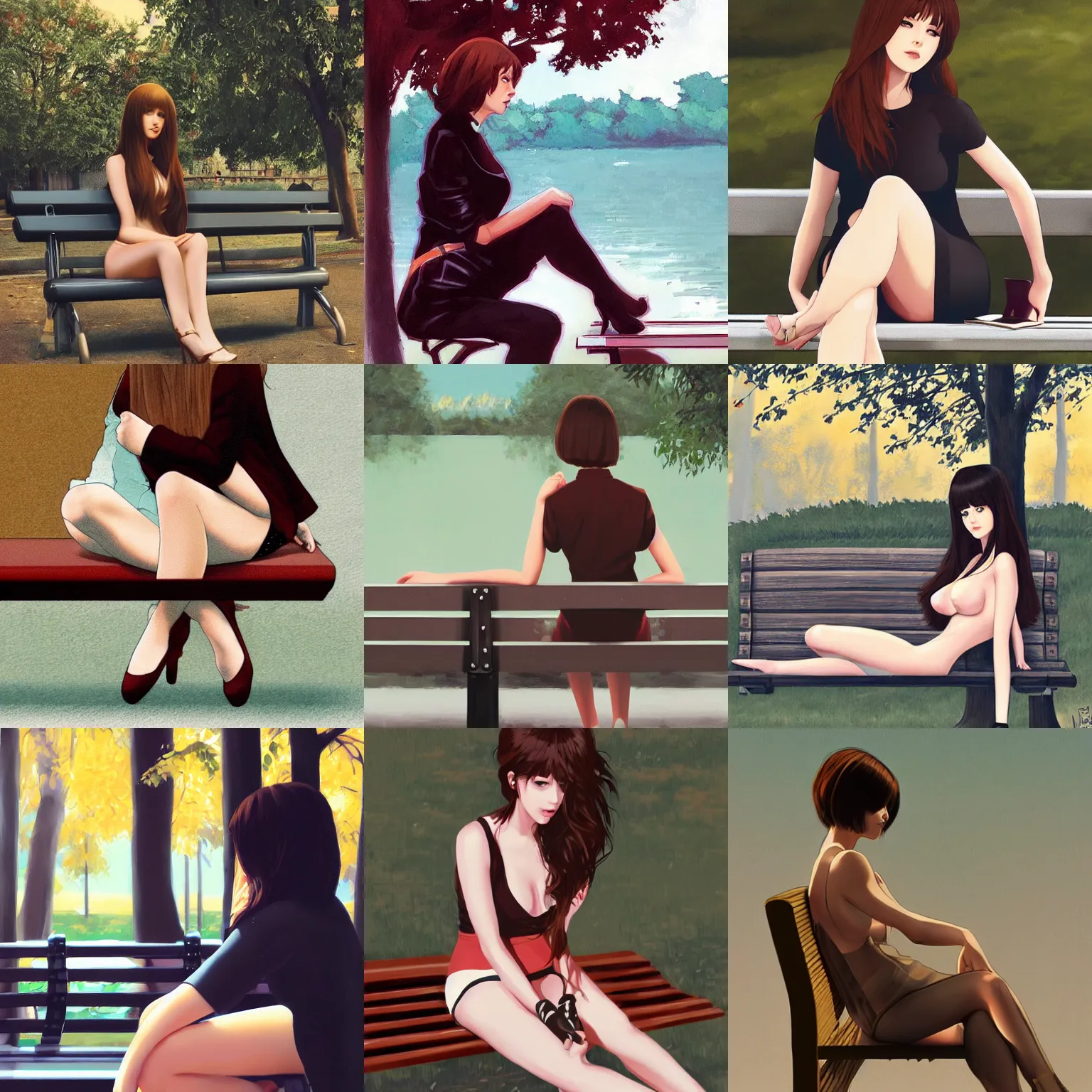 Prompt: sexy woman with brown hair sitting on a bench, by ilya kuvshinov