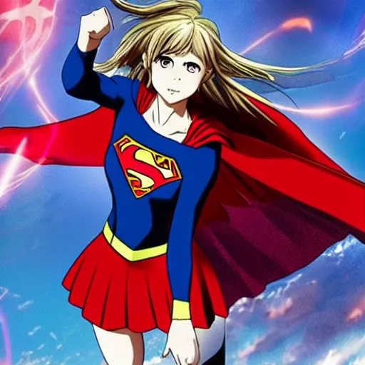 Prompt: anime visual of supergirl, heat vision eyes, official media