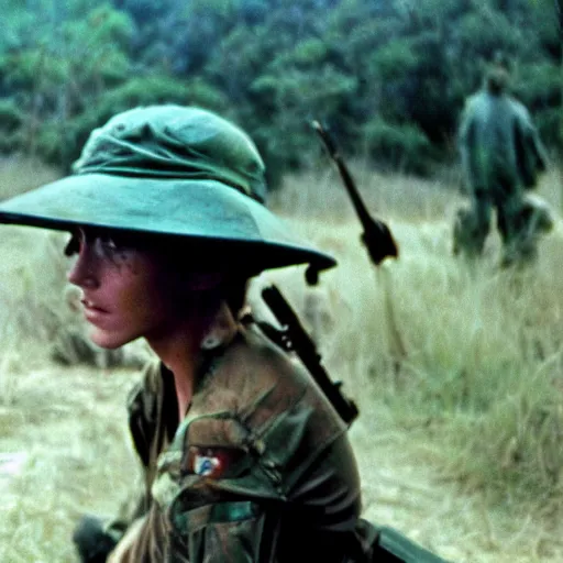 Image similar to film still, extreme far view, emma watson vietnam door gunner, film still from apocalypse now ( 1 9 7 9 ), 2 6 mm, kodak ektachrome, blue tint expired film,