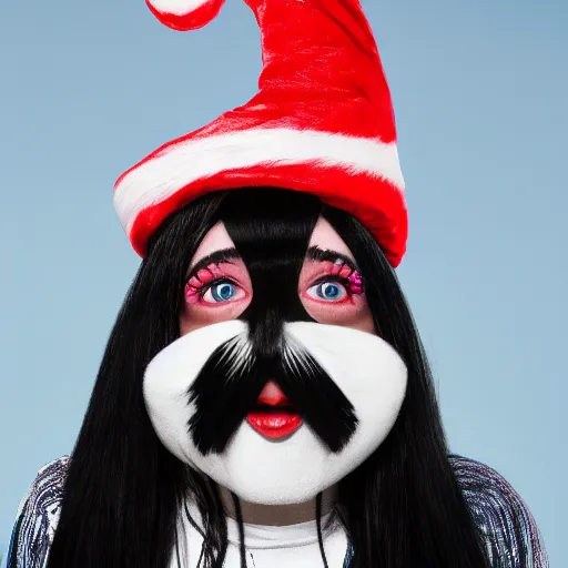 Image similar to Billie Eilish in Cat in The Hat Movie, XF IQ4, 150MP, 50mm, F1.4, ISO 200, 1/160s, natural light