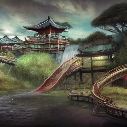 Prompt: feudal japanese waterpark with waterslides painting by brain froud, charles vess, cinematic lighting, epic composition, highly detailed