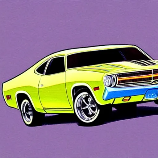 Prompt: Artwork of a 1972 Dodge Duster by Rat Fink