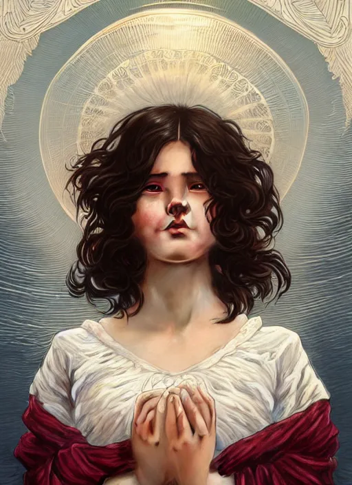 Image similar to full body portrait of a woman with short wavy hair, round face, cottagecore!!, lake water, intricate, enlightenment, highly detailed, digital painting, artstation, concept art, smooth, sharp focus, illustration, art by artgerm and greg rutkowski and alphonse mucha