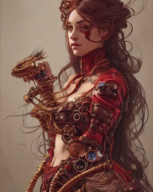 Prompt: Portrait of a steampunk Goddess, a red dragonlet, intricate dress, wide angle, intricate, elegant, overdetailed, professional digital painting, artstation, concept art, smooth, sharp focus, 8K, art by artgerm and greg rutkowski and alphonse mucha and loish and WLOP