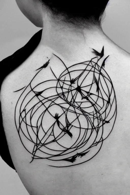 Image similar to a beautiful tattoo design of minimalist swallows flying into spherical lines and simple basic shapes, black ink, abstract logo, line art