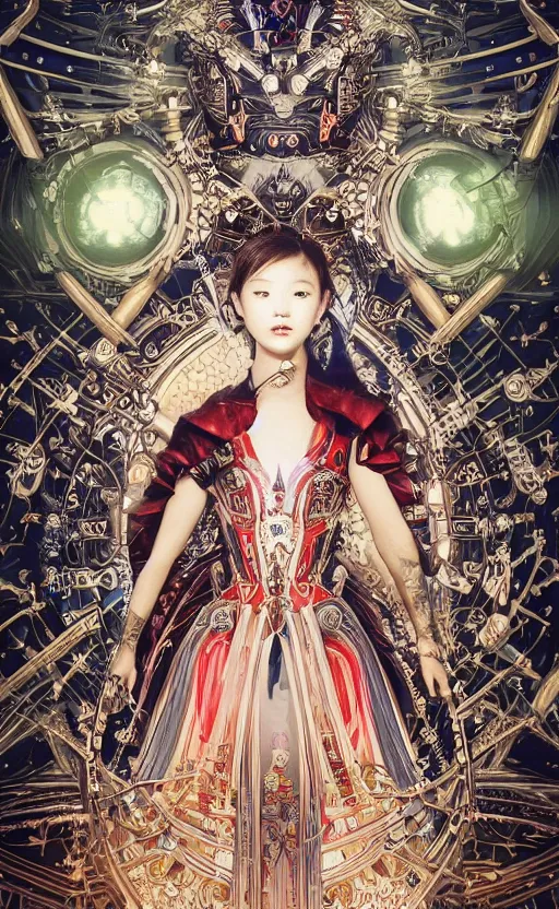 Image similar to beautiful mural of the young cyborg korean girl, piercing glowing eyes, elegant, futuristic royal gown, royal, regal, cyber monarchy, detailed ornaments, striking composition, highly detailed ornate sci fi background, vogue poses, striking composition, highly detailed ornate sci fi background, vivid details, amalgamation of nature and technology, wires, glowing tubes, beautiful composition, mural in the style of sandro botticelli, caravaggio, albrecth durer, 8k