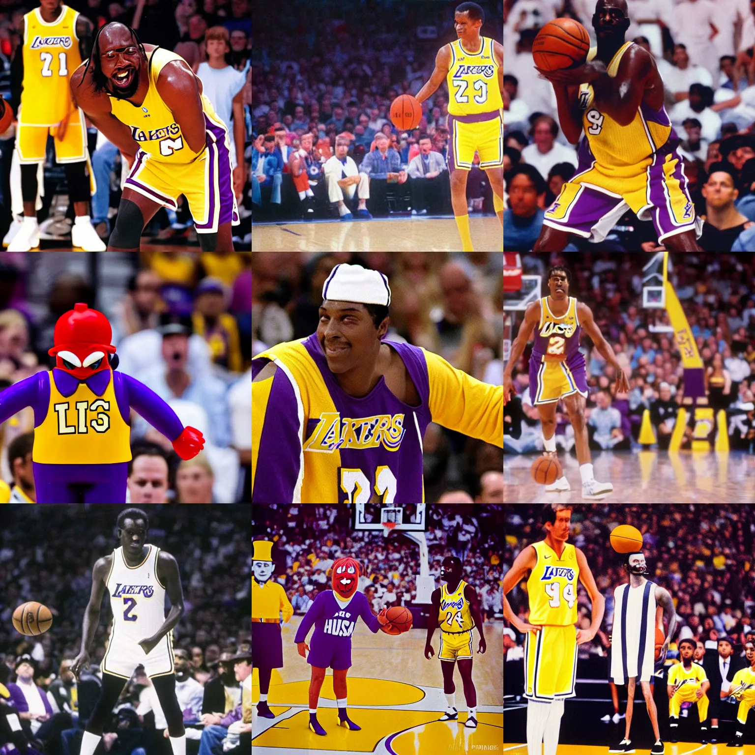 Prompt: The Hamburglar playing basketball for the Los Angeles Lakers, highly detailed, courtside