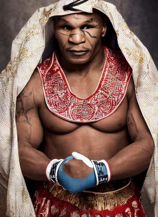 Image similar to mike tyson dressed in arab clothing, photohoot, set pieces, intricate set, vogue magazine, canon, highly realistic. high resolution. highly detailed. dramatic. 8 k. 4 k.