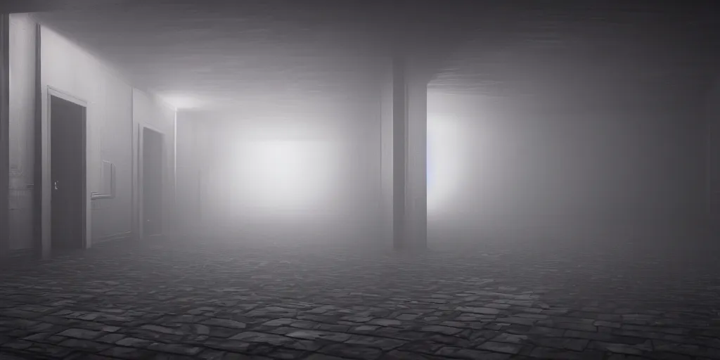 Image similar to a long angle shot of a big dark room with white lights on the celling and a long hallway at the end of the room with red lights on the celling, highly detailed, unreal engine, 4 k, dark, moody, foggy, game render, hyper realistic