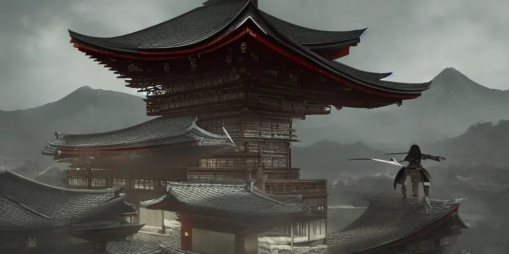 Prompt: highly detailed 3 d render of shinobi japanese assasin hiding in the shadow on the pagoda roof, barely visible, total darkness, photobash, raytracing, high contrast backlight, mountains, dark fantasy, epic