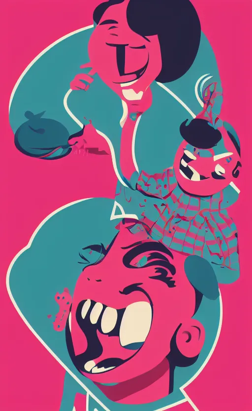 Prompt: illustration with a woman laughing out loud, standup, comedy, joke, painting by tom whalen, funny meme photo, trending on behance, digital illustration, storybook illustration, grainy texture, flat shading, vector art, airbrush, pastel, watercolor, poster