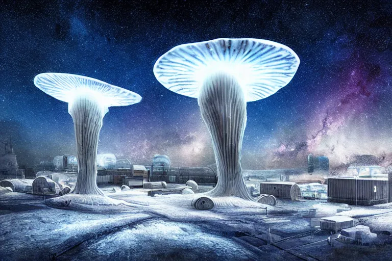 Prompt: favela twisting spaceship fungus, snowy arctic environment, industrial factory, bright, milky way, award winning art, epic dreamlike fantasy landscape, ultra realistic,