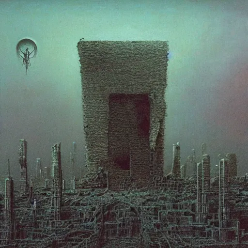 Prompt: death metal logo, crumbling city in background, zdzislaw beksinski