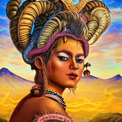 Prompt: horned ram goddess, checking her cell phone, erupting volcano in distance, sunset, flowers in foreground, zodiac, fantasy acrylic on canvas, intricately detailed, highly detailed, high resolution, hdr, 8 k, artist, trending on artstation, painting by senior concept artist josephine wall