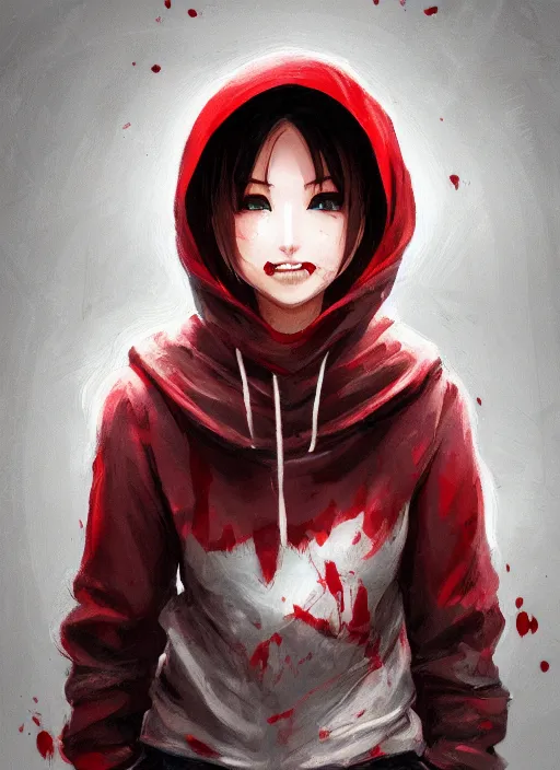 Prompt: a highly detailed illustration of short hair cute japanese girl wearing blood stained hoodie with the word nevada on it, dramatic smile pose, intricate, elegant, highly detailed, centered, digital painting, artstation, concept art, smooth, sharp focus, league of legends concept art, WLOP