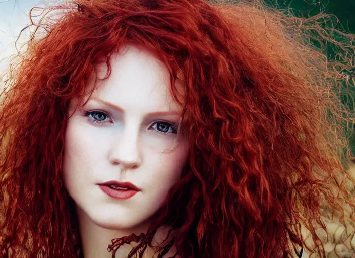 Image similar to award winning 8 5 mm close up face portrait photo of a redhead with maroon wavy hair in a part by luis royo.