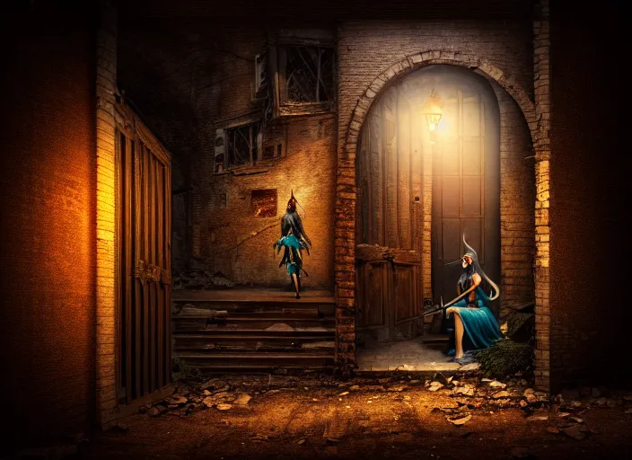 Image similar to photo of an alley of an abandoned city at night with a lone elven woman warrior sitting in the corner next to a closed door. Fantasy magic horror style. Highly detailed 8k. Intricate. Nikon d850 55mm. Award winning photography.