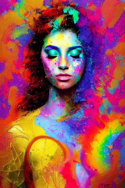 Prompt: modern portrait of vanessa parady, rainbow colours, splatter paint, dreamy and ethereal, golden ratio, peaceful expression, ornate frilly dress, fantasy, intricate, elegant, black background highly detailed, digital painting, perfect face artstation, concept art, smooth, b sharp focus, illustration, art by patrice murciano, artgerm and greg rutkowski and alphonse mucha