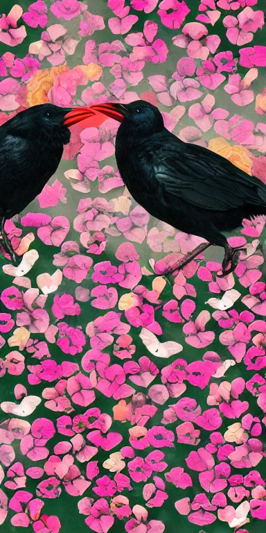 Prompt: crows with flower petals! instead of feathers, made out of roses, flower birds, expressionist, vibrant, muted, dark highlights, album cover, album artwork