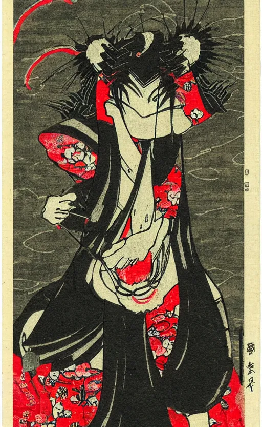 Prompt: by akio watanabe, manga art, portrait of japanese demon, local folkore, tomoe symbol, trading card front