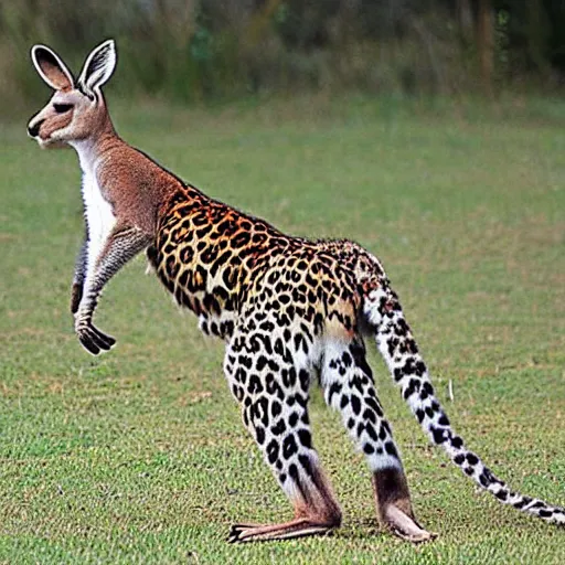 Prompt: a kangaroo and leopard hybrid