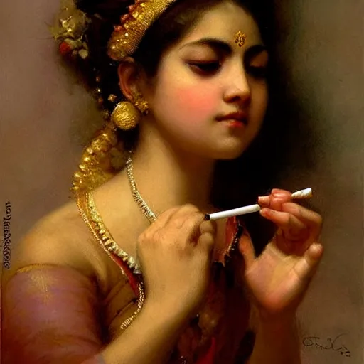 Image similar to detailed portrait of hindu traditional girl smoking joint i baroque painting, girl graceful, eyes closed, painting by gaston bussiere, craig mullins, j. c. leyendecker