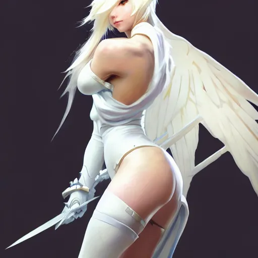 Prompt: greg manchess painting of a 2 yorha type a no. 2 as mercy from overwatch!!, white long hair, large white wings, organic painting, trending on artstation, by huang guangjian and gil elvgren and sachin teng