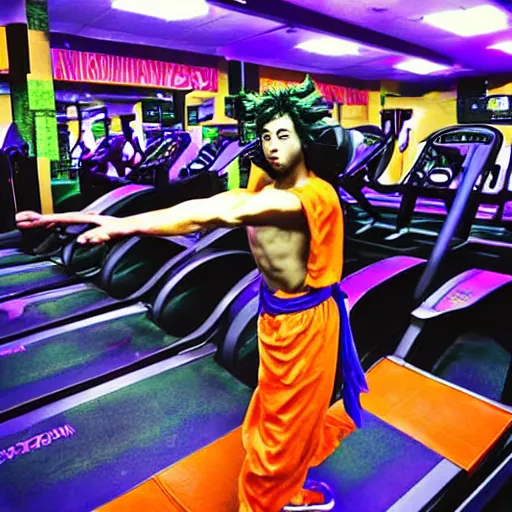 Image similar to candid photo of Cosmic Goku at Planet Fitness by Annie Leibowitz, photorealisitc, extremely detailed