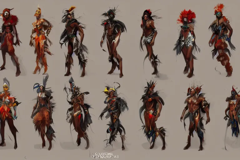 Prompt: Character design sheet of Brazil Carnival costumes, normal people with costumes, cinematic lighting, dramatic atmosphere, by Craig Mullins, 4k resolution, trending on artstation