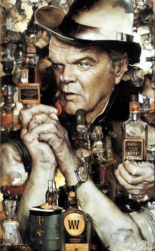 Prompt: illustration, inside a bottle of whiskey we see jack nicholson face, by norman rockwell, roberto ferri, daniel gerhartz, edd cartier, jack kirby, howard brown, tom lovell, jacob collins, dean cornwell