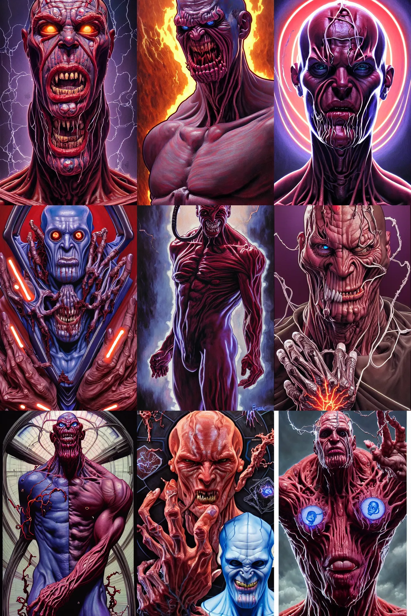 Prompt: the platonic ideal portrait painting of cletus kasady carnage thanos dementor doctor manhattan chtulu, detailed, intricate, hyperrealism, intense, scary art by brock hofer and artgerm and greg rutkowski and alphonse mucha