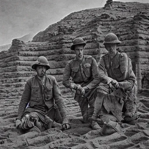 Prompt: ultra detailed photorealistic sepia - toned photo from 1 9 1 7, three british soldiers standing at an archaeological dig site in wadi rum, ultra realistic, painted, intricate details, lovecraft, atmospheric, dark, horror, brooding, highly detailed, by clyde caldwell