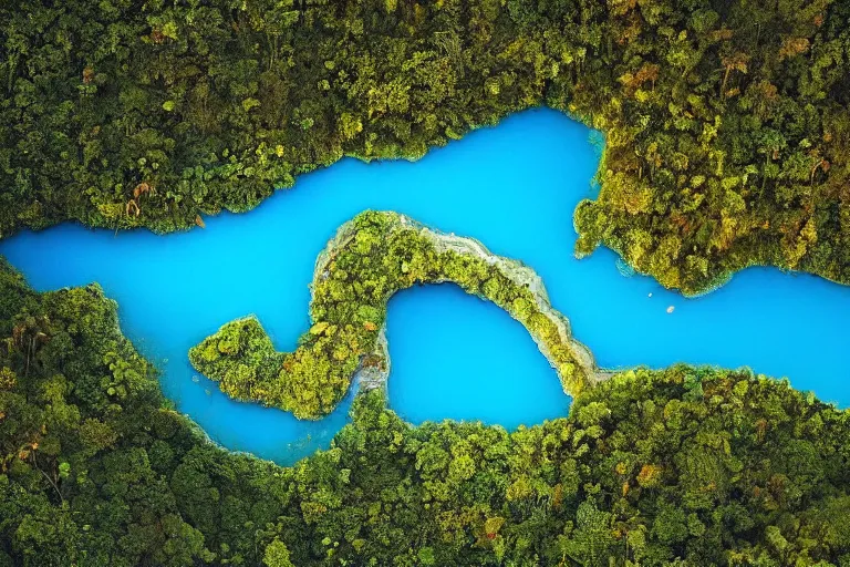Image similar to a gigantic blue lagoon with the shape of a detailed human heart, in the middle of a exhuberant and colorful jungle, roads to the lake as veins and arteries, aerial photography by yann arthus bertrand